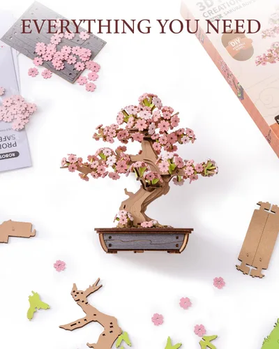 Miniatura 4 de Rolife Rompecabezas de Madera 3D de Flores para Adultos, Plantas de Árbol Bonsái Sakura DIY para Decoración de Mesa del Hogar, Manualidades
