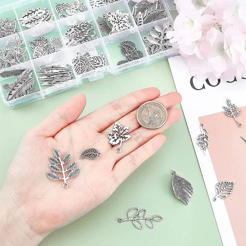 Miniatura 3 de PH PandaHall 150 dijes de hoja de árbol, 15 estilos de filigrana de hoja de metal, dijes de plantas de aleación tibetana de plata antigua, colgantes