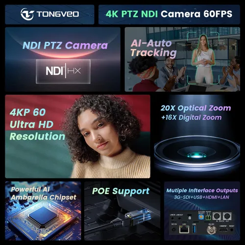Miniatura 2 de Cámara 4K NDI PTZ 60FPS, 4KP60 AI Auto-Tracking 20X Zoom óptico Cámara de videoconferencia 1/1.8 UHD CMOS 8.42MP con USB 3G-SDI HDMI LAN Salidas POE