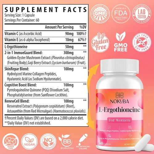 Miniatura 7 de L-ergotioneína con péptidos de colágeno, ácido hialurónico 2 veces antioxidante de glutatión Suplemento de hongos 11 en 1 para mujeres piel