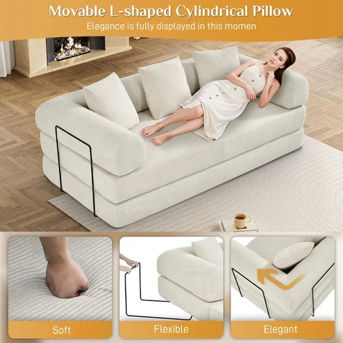 Miniatura 6 de DAMAIFROM Sofá cama convertible con almohada cilíndrica, sofá cama plegable de pana con marco de forma fija, sofá modular de suelo para sala de Beige
