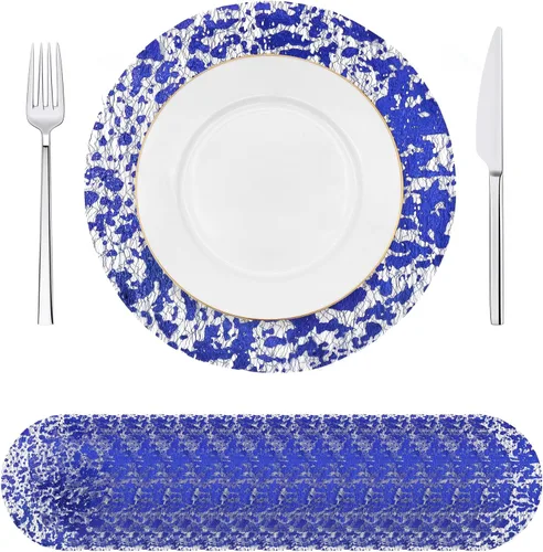 30 manteles individuales desechables azules de 13 pulgadas de malla metálica con purpurina redonda, manteles individuales de malla metálica azul