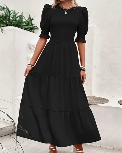 Miniatura 45 de BTFBM Vestidos para mujer, cuello redondo, casual, de verano, con volantes, manga corta, bohemio, con niveles, fruncido, largo, con estampado floral