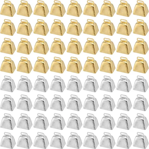 KEILEOHO 72 mini campanas de vaca, cencerro de metal para manualidades, campanillas de viento, decoración de bodas, fiestas, dorado y plateado, 1