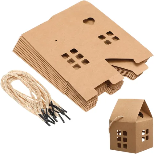 Miniatura 4 de Cajas de regalo en forma de casa, 10 bolsas de mano para dulces y galletas, papel kraft ecológico, perfecto para fiestas de vacaciones, bodas