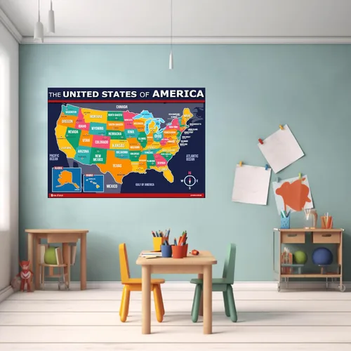 Miniatura 11 de Póster de mapa de Estados Unidos y del mundo 2 unidades para niños laminado azul (actualizado fijo V2.0) Young N Refined (18x24)