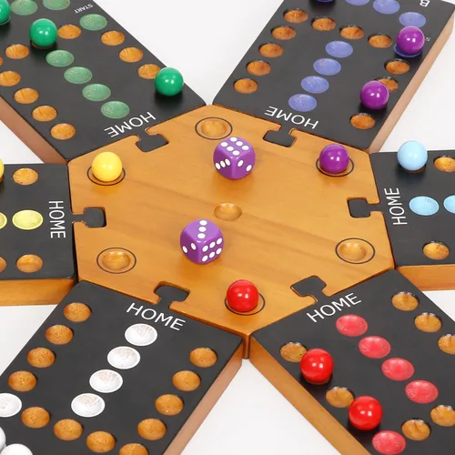 Miniatura 5 de Juego de mesa de mármol, juego de mesa de madera para 4 y 6 jugadores, juego de mármol original portátil con 24 canicas, 12 dados para familiares