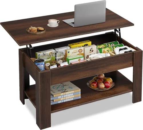 Miniatura 10 de WLIVE - Mesa de centro con parte superior elevable de 47", mesa de centro con compartimento oculto y 2 estantes de almacenamiento para sala de Roble