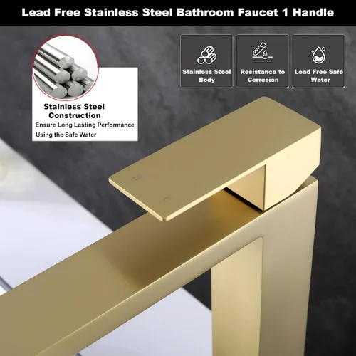 Miniatura 5 de llave de fregadero dorado cepillado, grifo de baño dorado de un solo agujero, grifo de fregadero de una sola manija alto con desagüe desplegable