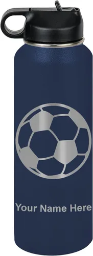 Miniatura 70 de LaserGram Botella de agua personalizada, pelota de fútbol, acero inoxidable de doble pared aislada al vacío con popote superior, regalo grabado
