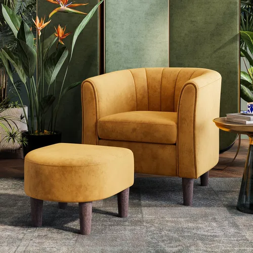 Miniatura 12 de LINSY Silla decorativa con otomana, sillón moderno, cómoda silla de lectura de barril con reposapiés para sala de estar, dormitorio, sala de Beige