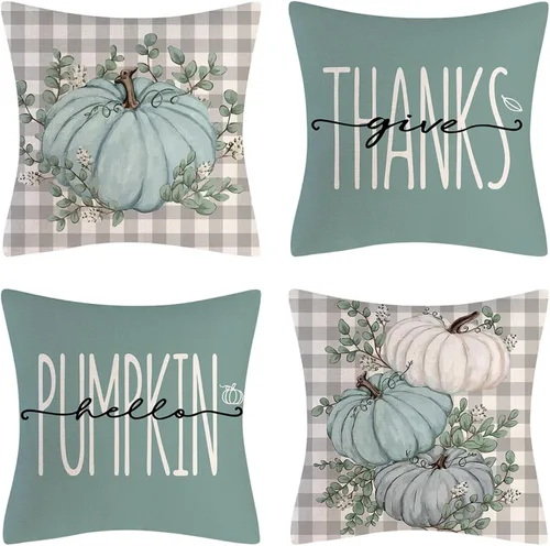 Happy Fall - Funda de almohada decorativa de otoño para interiores y exteriores, funda de cojín de lino con calabaza azul acuarela para sofá, sala