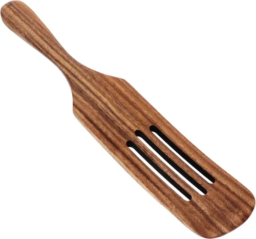 Espátula larga de madera para cocinar, utensilios de cocina antiarañazos de 12.2 pulgadas, espátula de madera natural con mango ergonómico para