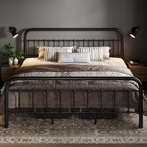 Miniatura 10 de Allewie Marco de Cama de Plataforma de Metal Tamaño King con Cabecero/Pie de Cama de Arte de Hierro Forjado Estilo Victoriano, No Requiere Somier