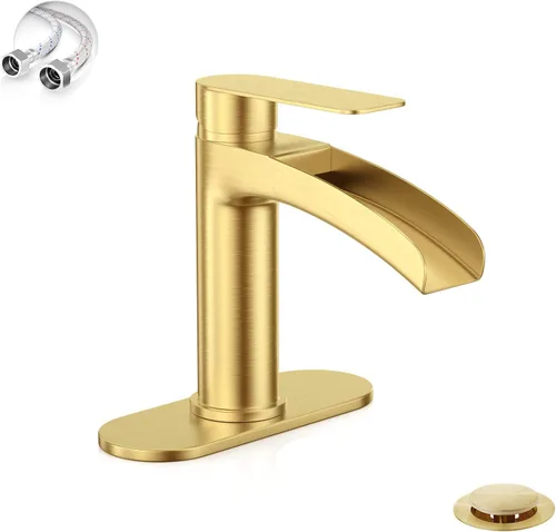 Phiestina Grifo de cascada de una sola manija para lavabo de baño en acabado dorado cepillado, con placa de cubierta de 6 pulgadas, montaje de