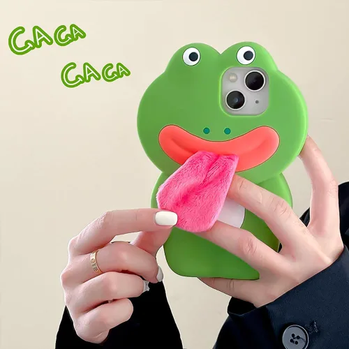 Miniatura 6 de Fundas de Teléfono Kawaii Compatibles con iPhone 13 Pro, Lindo Dibujo Animado Rana Verde con Lengua de Felpa Mujeres Niñas Cubierta de Silicona Rana