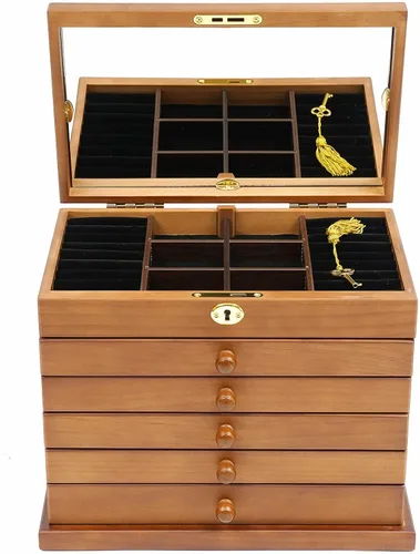 Miniatura 2 de Joyero organizador de 6 capas con cerradura y espejo, cajas de joyería de madera de trébol de cuatro hojas de la suerte y organizadores