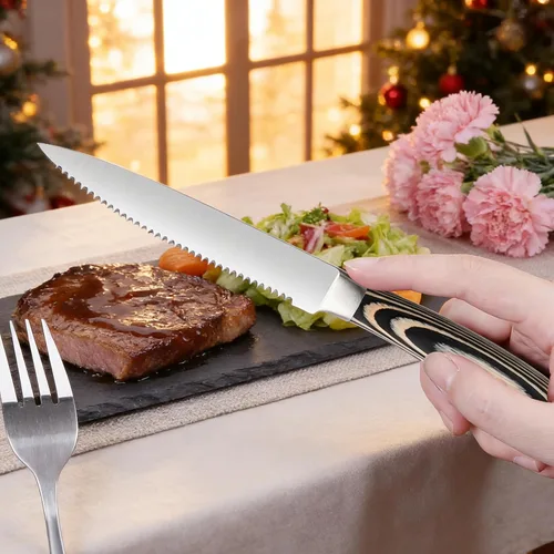 Miniatura 6 de LUVCOSY Juego de cuchillos para carne estilo Laguiole de 6, juego de cuchillos para carne sin dientes con mango de madera de olivo, cuchillos