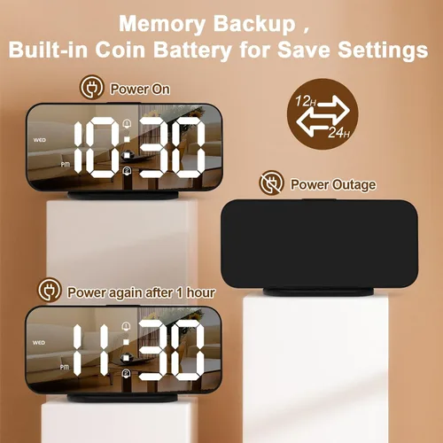 Miniatura 7 de Reloj despertador digital delgado ALANAS para dormitorios, alarmas duales con repetición, superficie de espejo, atenuador de 4 niveles y 2 puertos
