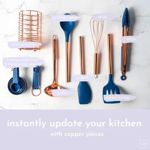 Miniatura 3 de Juego de utensilios de cocina de silicona de cobre y azul, juego de 17 piezas con soporte para utensilios de cobre y tazas medidoras y cucharas