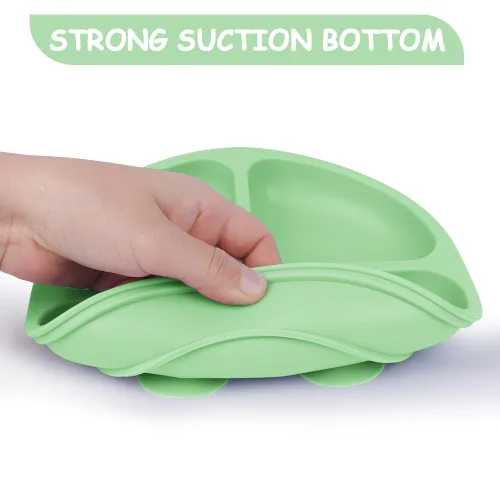 Miniatura 3 de Vicloon Plato de vajilla para niños pequeños, 2 piezas de placa de silicona con compartimentos divididos, placas de succión para bebés y niños Verde