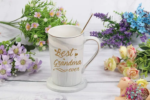 Miniatura 4 de Taza "Best Grandma Ever" Regalos de Café Cumpleaños Día de las Madres para de Nieta Nieto Nietos Nietos 14 Onzas Caja de Regalo con Cuchara y Tapete