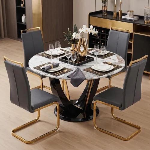 Miniatura 21 de Juego de mesa de comedor redonda de 48'' para 4, juego de mesa y sillas de cocina de mármol, conjunto de 4, mesa redonda con pata de MDF negro