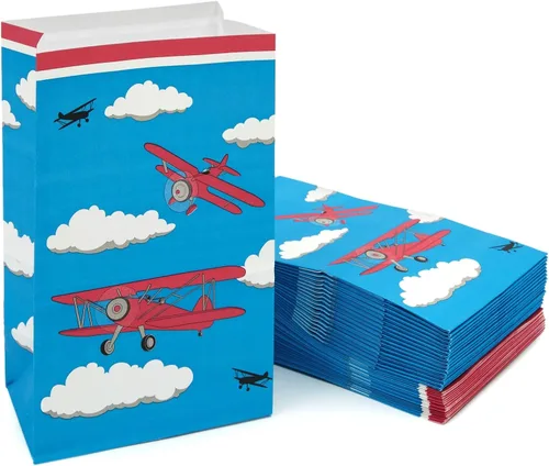 Juvale Paquete de 36 bolsas pequeñas de papel para aviones – 5.1 x 8.7 x 3.2 pulgadas – Diseño de dibujos animados de avión y nube – Parte inferior
