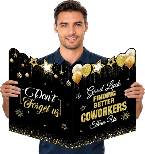 Tarjeta de felicitación de despedida jumbo de color negro y dorado, grande, con texto en inglés "We Will Miss You", tarjetas para firmar tarjeta