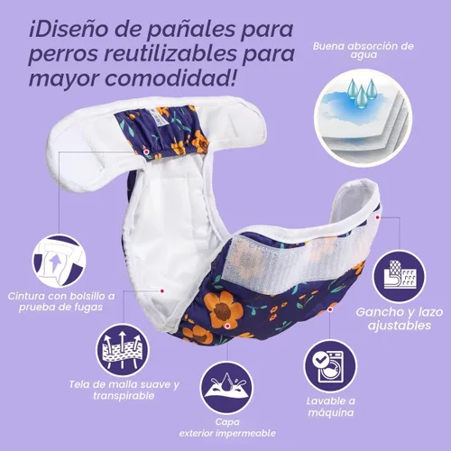Miniatura 2 de Pet Soft Pañales lavables para mujer (paquete de 3) – Pañales para perras, cómodos pañales reutilizables para perritas para perras en periodo