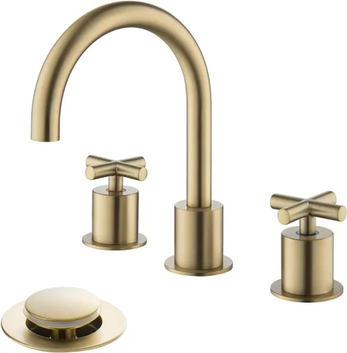 2 grifos de lavabo de baño dorados con mango cruzado con drenaje de residuos para fregadero de 3 agujeros de 4 a 16 pulgadas, latón macizo dorado