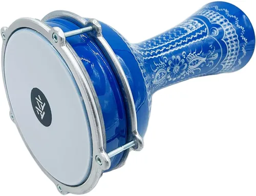 Miniatura 13 de Darbuka de aluminio de 16 '' de longitud, tambor Doumbek turco sintonizable de cabeza sintética de 8 pulgadas (grabado oscuro-azul)
