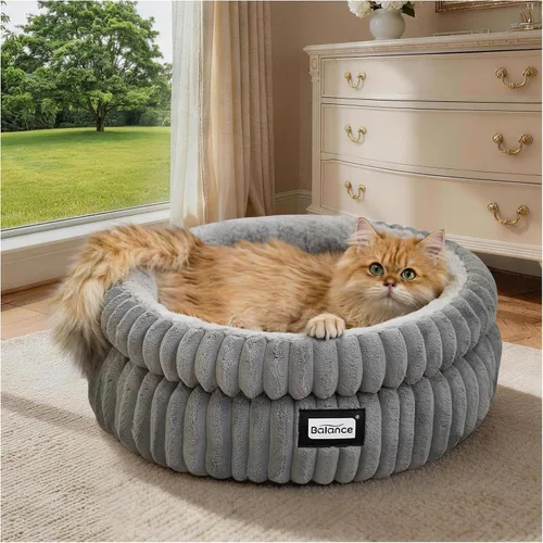 BALANCE Cama para gatos, cama para gatitos, camas redondas lavables para gatos de interior, cama de felpa súper suave de piel sintética para Gris