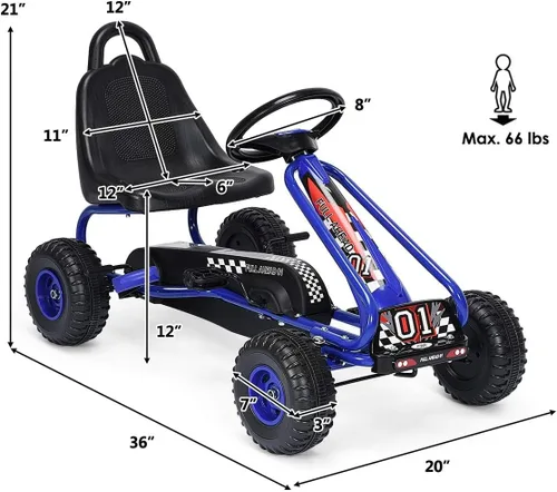 Miniatura 7 de Costzon Go Kart para niños, carrito de 4 ruedas alimentado por pedal con asiento ajustable, freno de mano y ruedas antideslizantes, auto de pedal