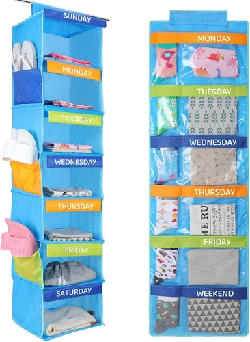 Woanger Organizador semanal de ropa colgante para niños, 2 unidades, 11.8 x 11.8 x 48 pulgadas, estante para actividades diarias, organizador de Azul