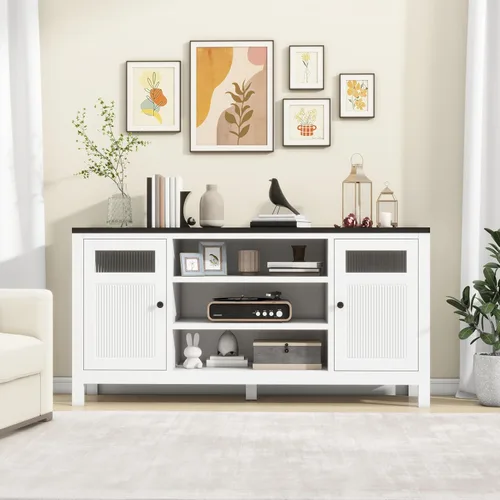 Miniatura 5 de Gabinete de buffet acanalado en blanco y negro: gabinete de aparador de madera de 63 "para sala de estar, mesa de acento moderna con almacenamiento