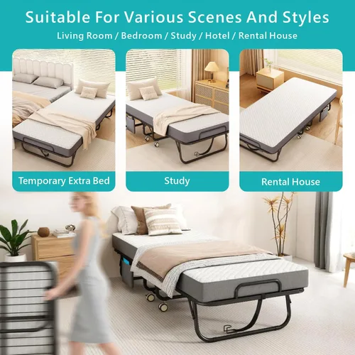 Miniatura 8 de Cama plegable con colchón para adultos, 75" x 31" cama rodante portátil tamaño catre, cama plegable de invitados con marco de metal con colchón