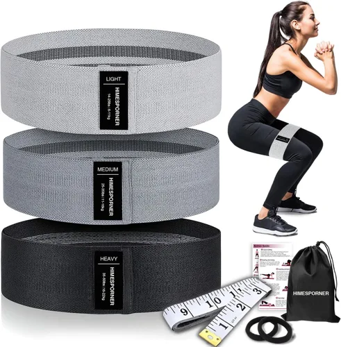 Miniatura 9 de HIMESPORNER Bandas anchas de resistencia de tela para entrenamiento, bandas antideslizantes de ejercicio para glúteos de 3 niveles para mujeres