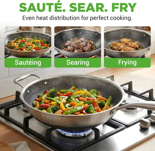 Miniatura 8 de NutriChef Wok de acero inoxidable de 12" - Listo para inducción, tecnología antiadherente de triple capa, patrón texturizado de panal de fuego