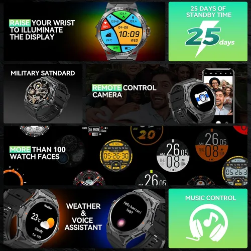 Miniatura 7 de Reloj inteligente militar para hombre, para responder/hacer llamadas, 1.43 pulgadas, AMOLED siempre encendido, reloj inteligente resistente