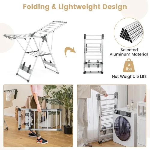 Miniatura 7 de Tangkula Estante de secado de ropa plegable, estante de secado de aluminio de 2 capas que ahorra espacio con alas ajustables, estante de secado