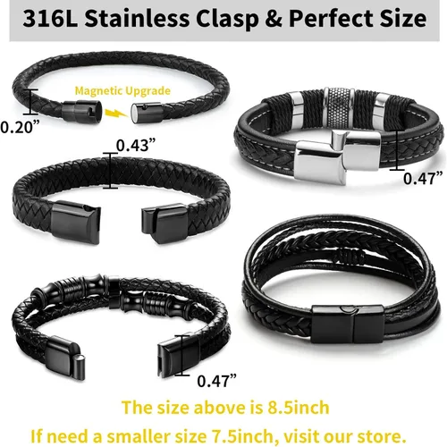 Miniatura 5 de LOWNOUR Pulseras para hombres, hechas a mano, de cuero, para hombres, trenzadas, negras, regalos para hombres, cuero y acero, 8.5 pulgadas, Cuero