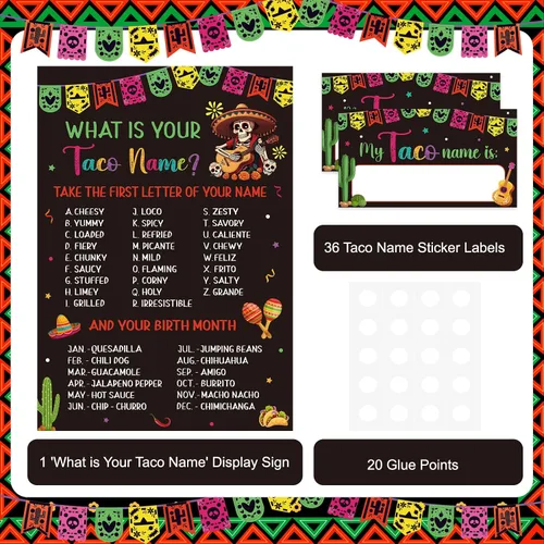 Miniatura 3 de COCHIE Juego de tacos para fiesta, familia, adultos, oficina, grupos grandes, con nombre de taco, decoración de fiesta mexicana con 36 calcomanías