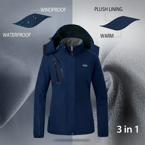 Miniatura 4 de Wantdo Chaqueta de esquí 3 en 1 para mujer, impermeable, con aislamiento, forro polar