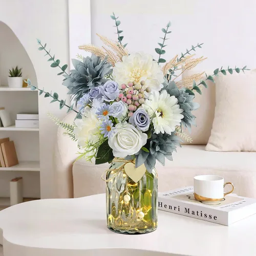 Miniatura 7 de Flores falsas en jarrón, arreglo de flores artificiales azul polvoriento en jarrón, centros de mesa florales falsos para cocina, granja, mesa