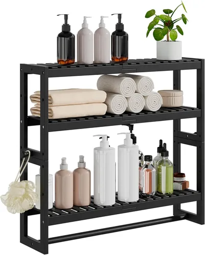 RRX Organizador de almacenamiento de estante de baño, estante de baño, organizador de bambú de 3 niveles ajustable con barra, colgante, estante Negro