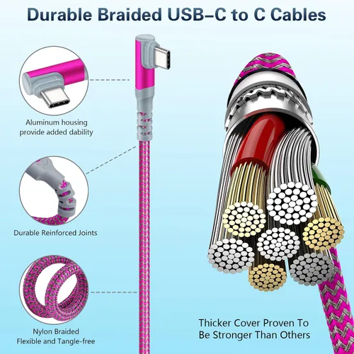 Miniatura 5 de Paquete de 5 cables USB C a USB C de 10 pies en ángulo recto USB C extra largo de 60 W/3A tipo C a tipo C, cable de carga rápida compatible