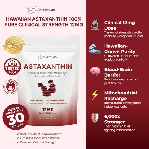 Miniatura 5 de Astaxantina Suplemento antioxidante de 12 mg – Fuente natural de microalgas – Softgel a base de lípidos para una mayor absorción – Apoyo cognitivo
