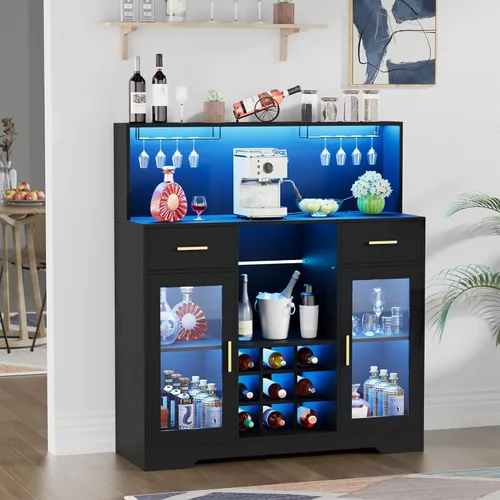 Miniatura 8 de Mini gabinete de nevera con almacenamiento, gabinetes de bar de vinos para el hogar con luz LED y toma de corriente, gabinete de barra de café