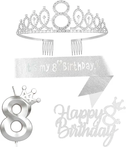 Miniatura 30 de Decoraciones de cumpleaños número 7 para niña, que incluyen corona/tiara de cumpleaños número 7, banda, adorno para pastel de cumpleaños y velas
